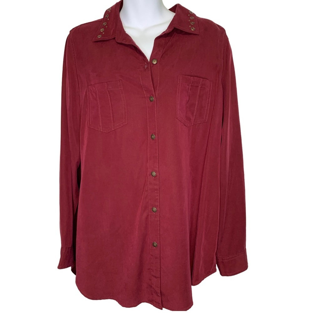 Alia BUTTON UP LONG SLEEVE TOP GROMMET COLLAR BURGUNDY SIZE M